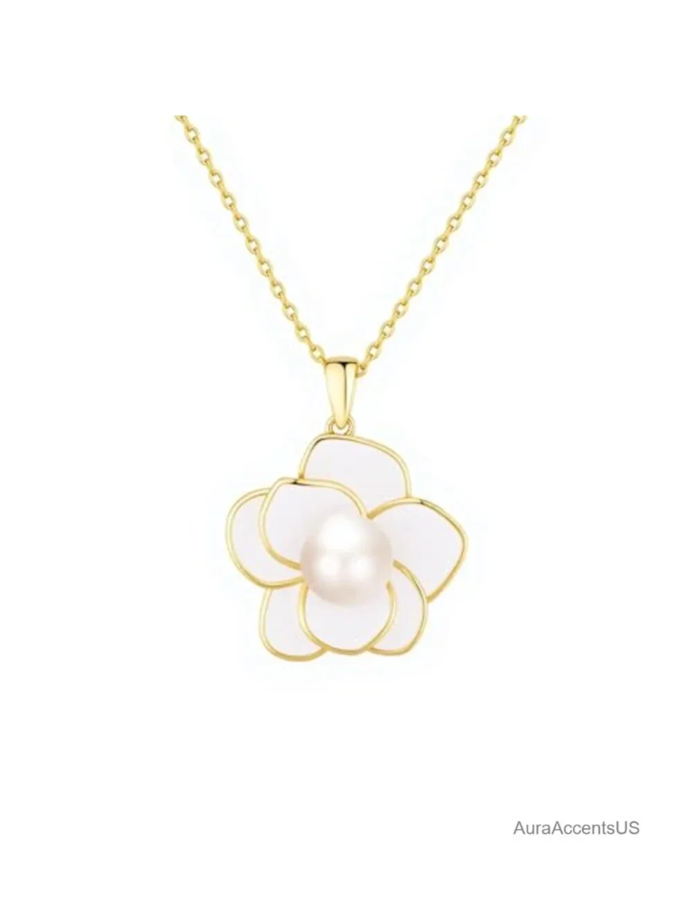Gold Plated Camellia Necklace Pendant Pearl